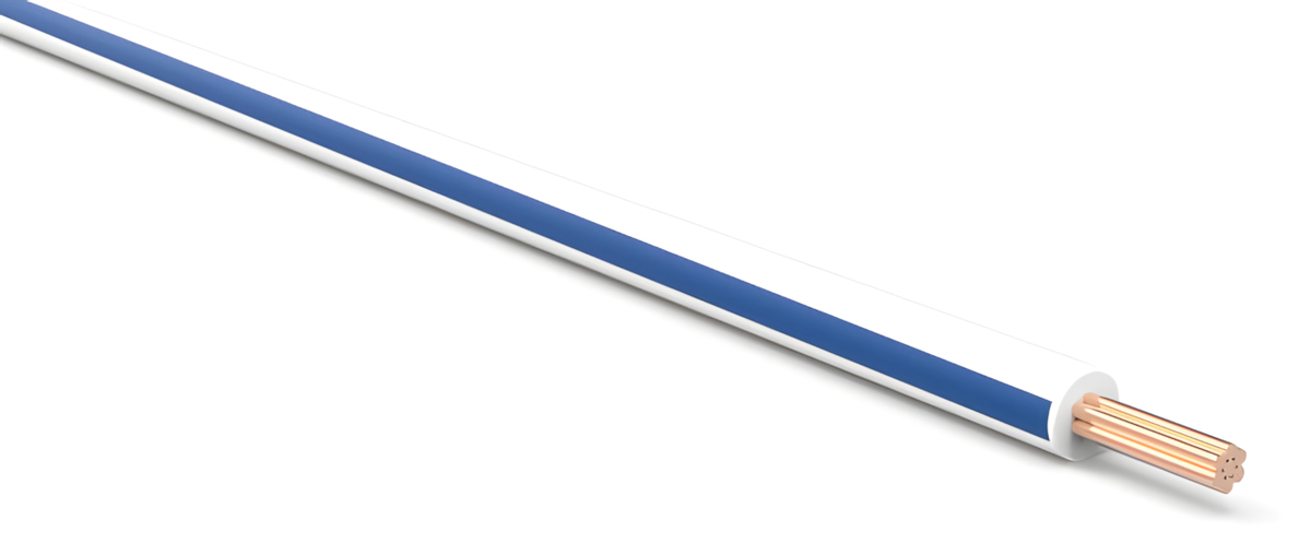 A close-up of a white automotive TXL Wire with a blue longitudinal stripe and exposed pure copper inner wires at one end, shown on a white background.